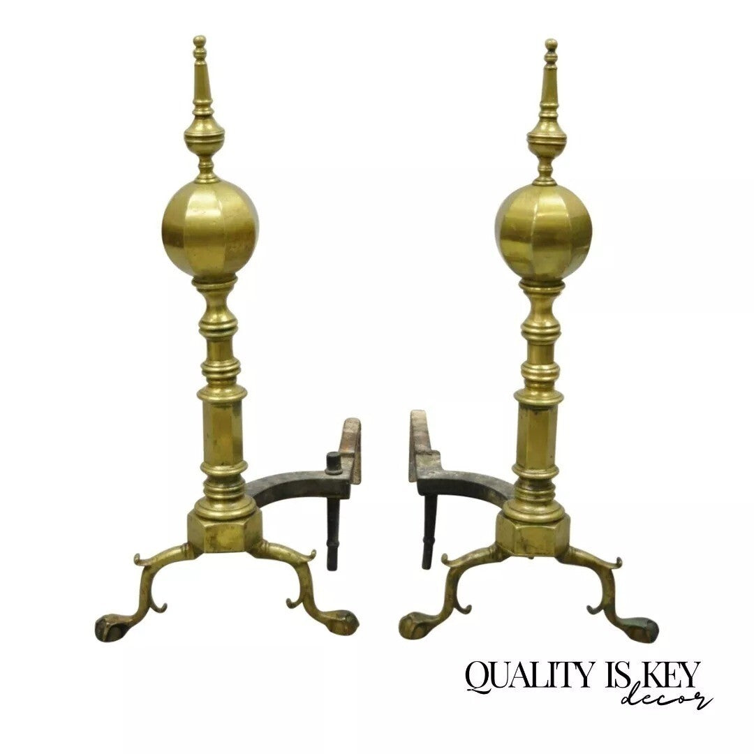 Antique Federal Faceted Brass Cannonball Branch Foot Cast Iron Andirons - a Pair