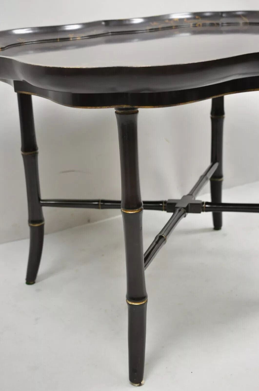 Chinoiserie Faux Bamboo Brown Lacquer Scallop Tray Top Coffee Cocktail Table