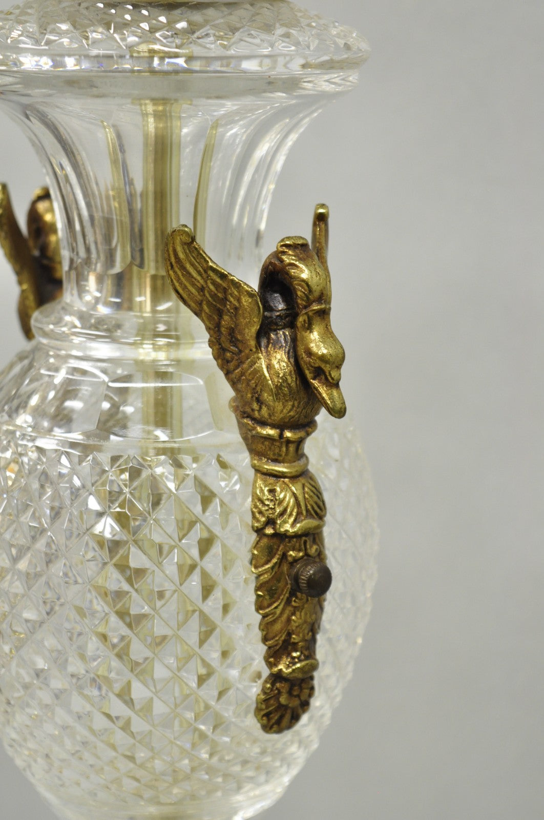 French Empire Regency Baccarat Style Glass Crystal Urn Table Lamp w/ Brass Swans
