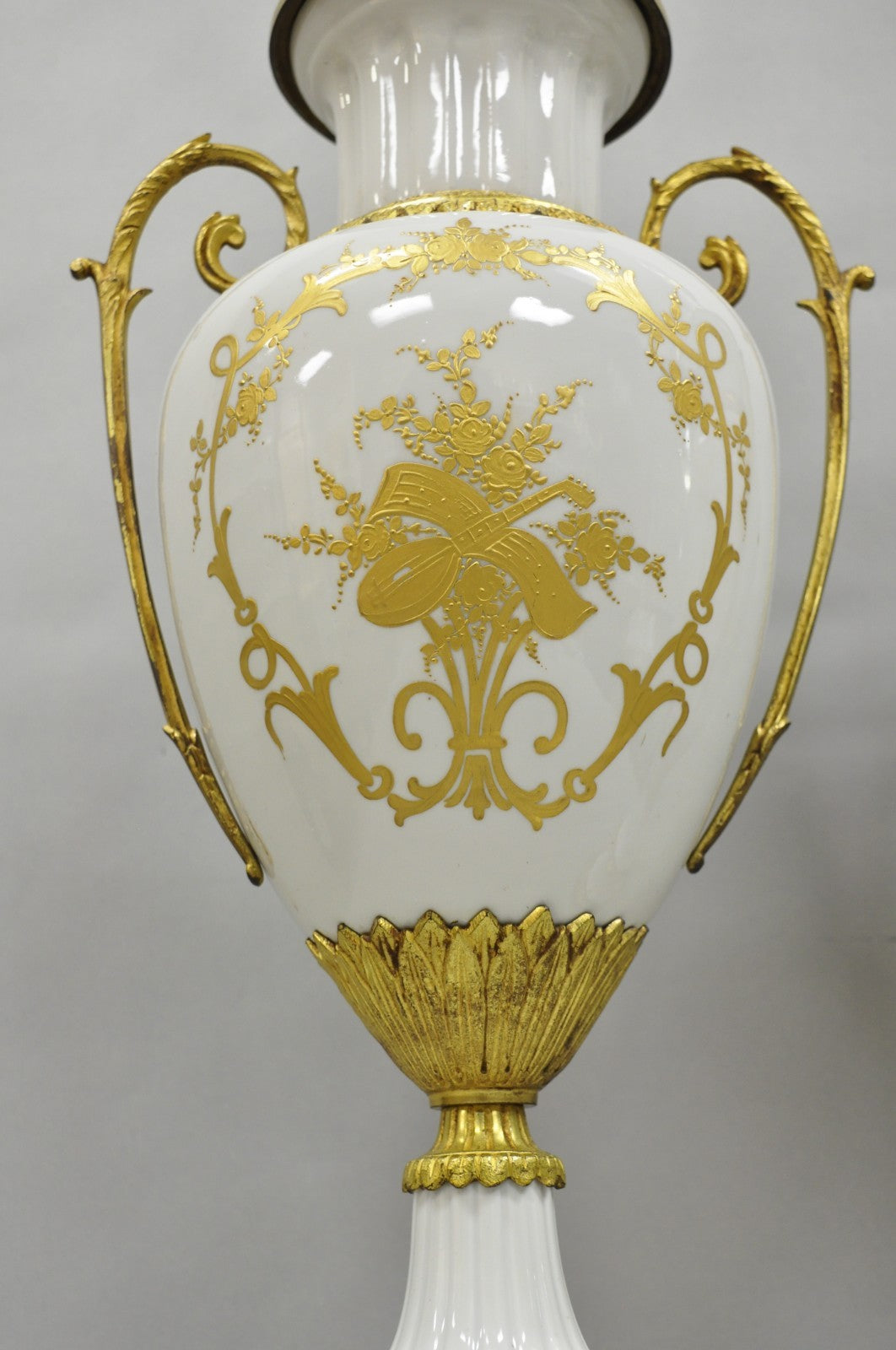 Antique French Louis XV Hand-Painted Porcelain Urn Bronze Table Lamps - a Pair