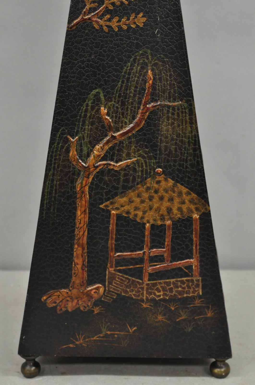 Castillian Imports Chinoiserie Black Lacquer Oriental Painted Obelisk Pyramid