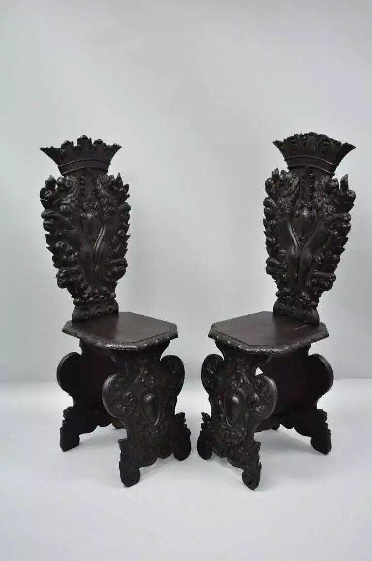 18th C. Italian Renaissance Lion Carved Walnut Sgabello Hall Chairs - a Pair
