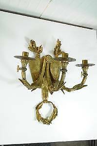 19th C French Bronze Acanthus Candle Holder Wall Sconce Coat of Arms Lion Shield