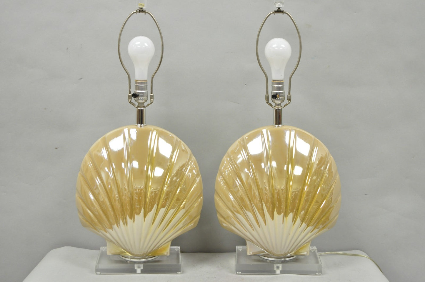 Mid Century Modern Iridescent Gold Ceramic Pottery Clam Shell Table Lamp - Pair