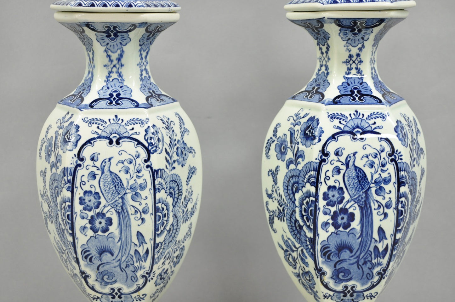 Vintage Chinoiserie Blue & White Porcelain Urn Bird Painted Table Lamps - a Pair