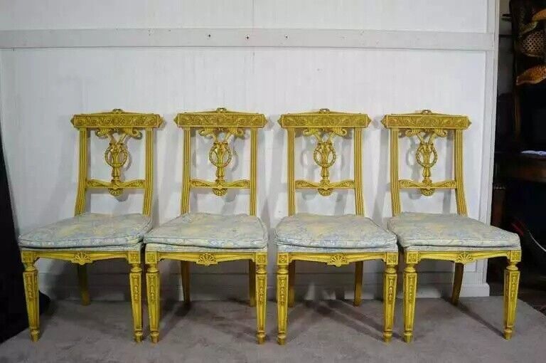 Vintage French Regency Louis XVI Yellow Carved Wood Dining Chairs - Set of 6