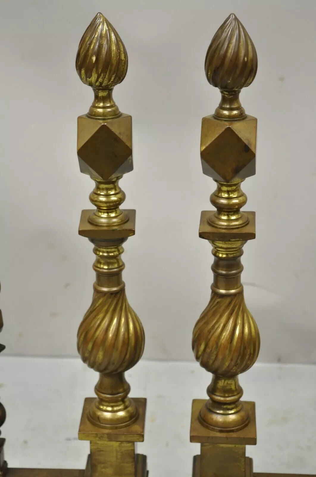 Antique Federal Brass Spiral Twist Finial Branch Leg Ball & Claw Andirons - Pair