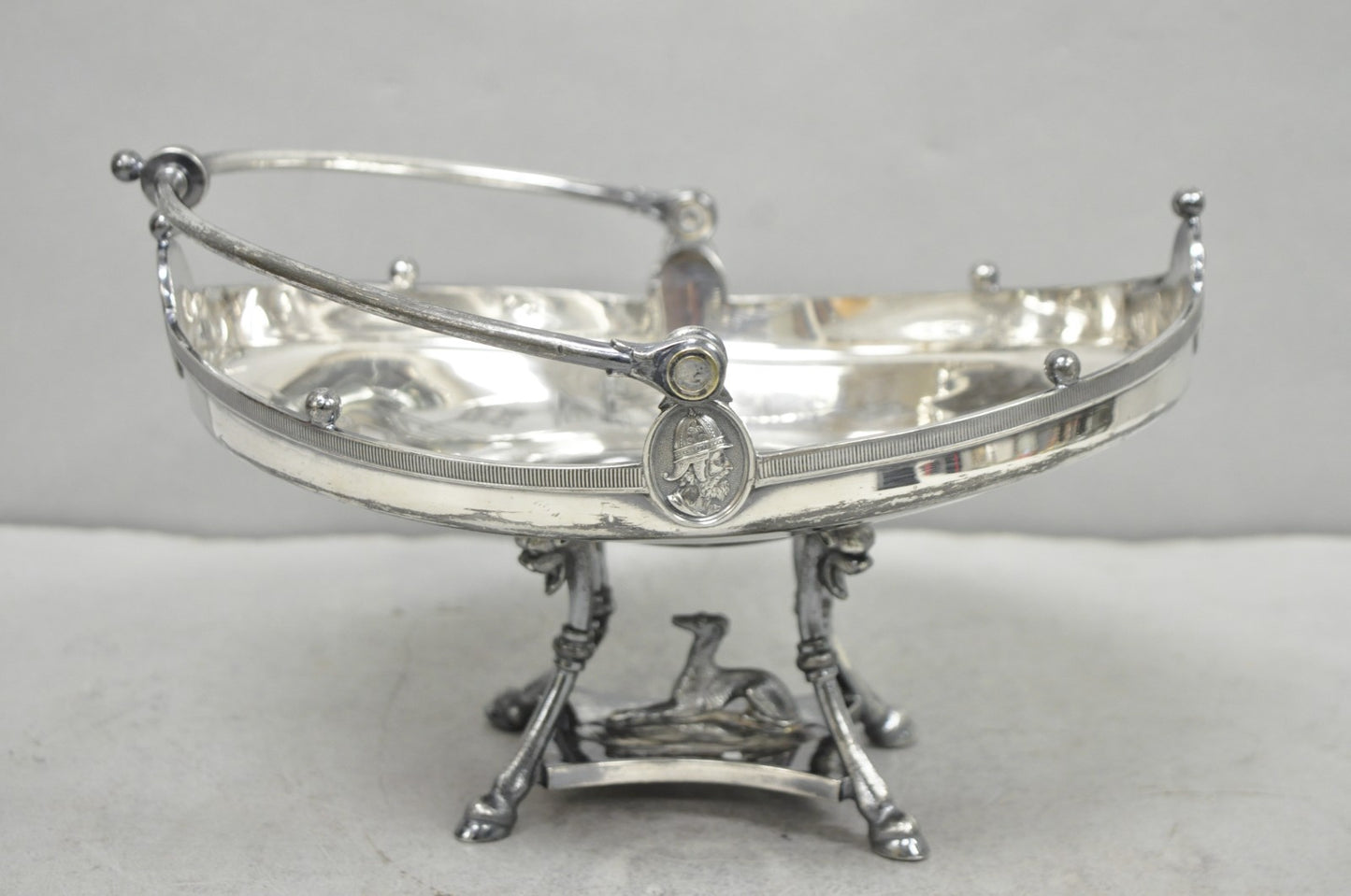Antique Reed & Barton English Regency Figural Bread Basket w Whippet Dog Base