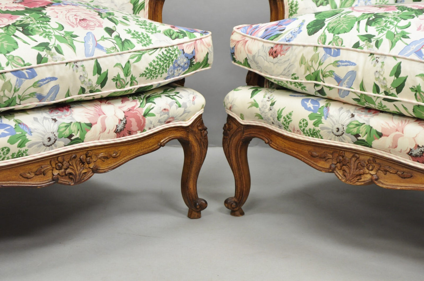 Antique French Country Louis XV Style Carved Walnut Bergere Wingback Chairs Pair
