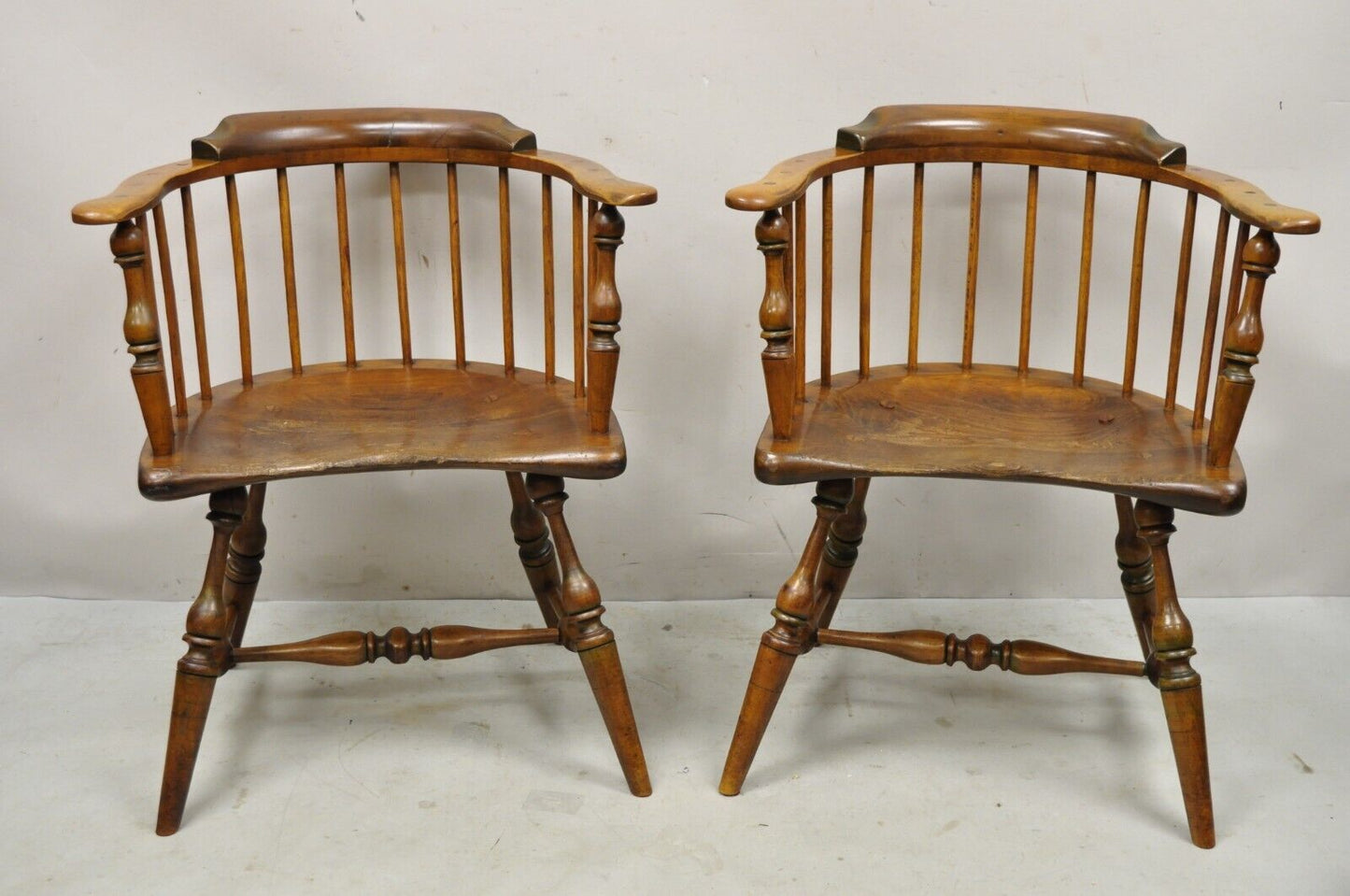 Antique Windsor Colonial Style Pine Wood Spindle Pub Arm Chairs - a Pair