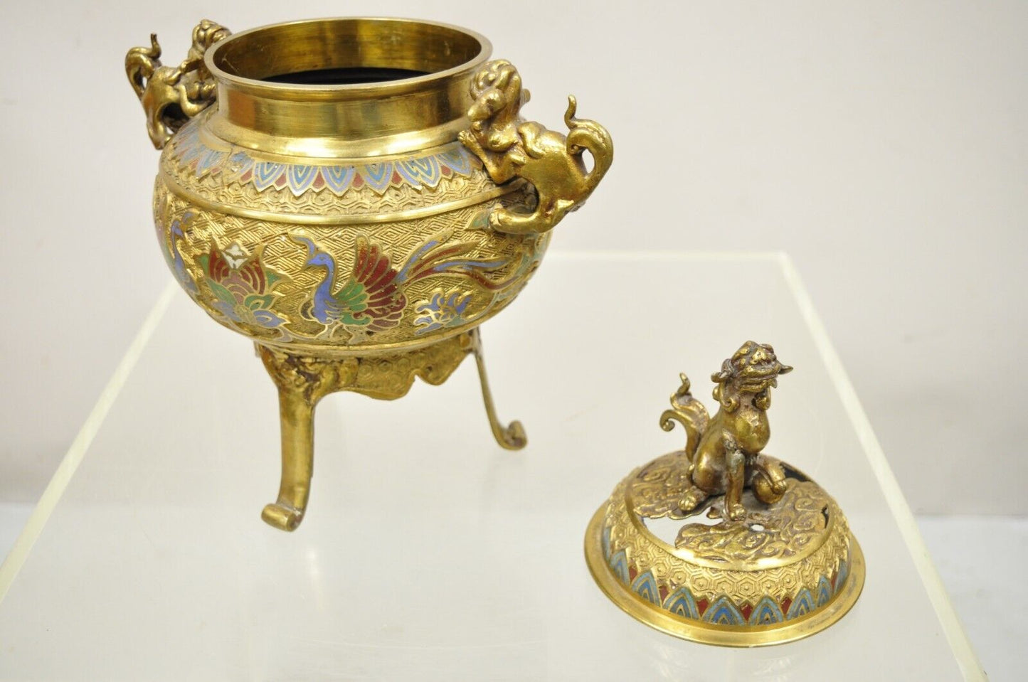 Vintage Japanese Cloisonne Enamel Champleve Bronze Foo Dog Incense Burner
