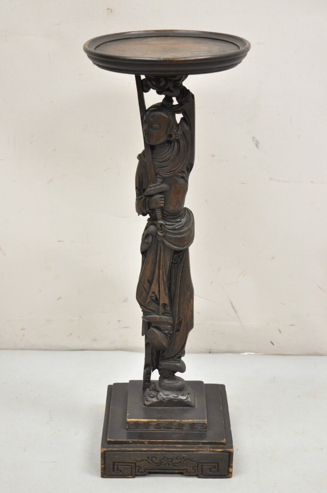 Antique Japanese Samurai Warrior Figural Carved Wood Smoking Stand Side Table