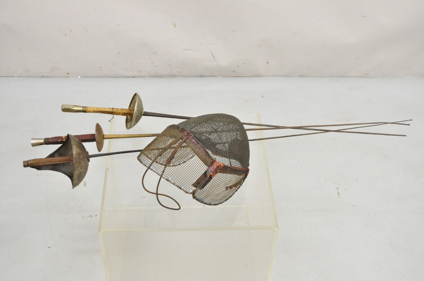Vintage Metal Fencing Set 3 Swords and Leather Lined Face Mask - 4 Pcs