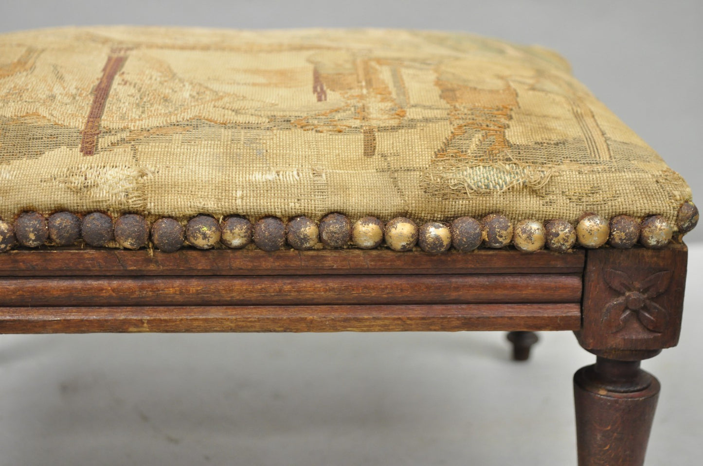 Antique French Country Louis XVI Carved Walnut Small Petite Footstool Ottoman
