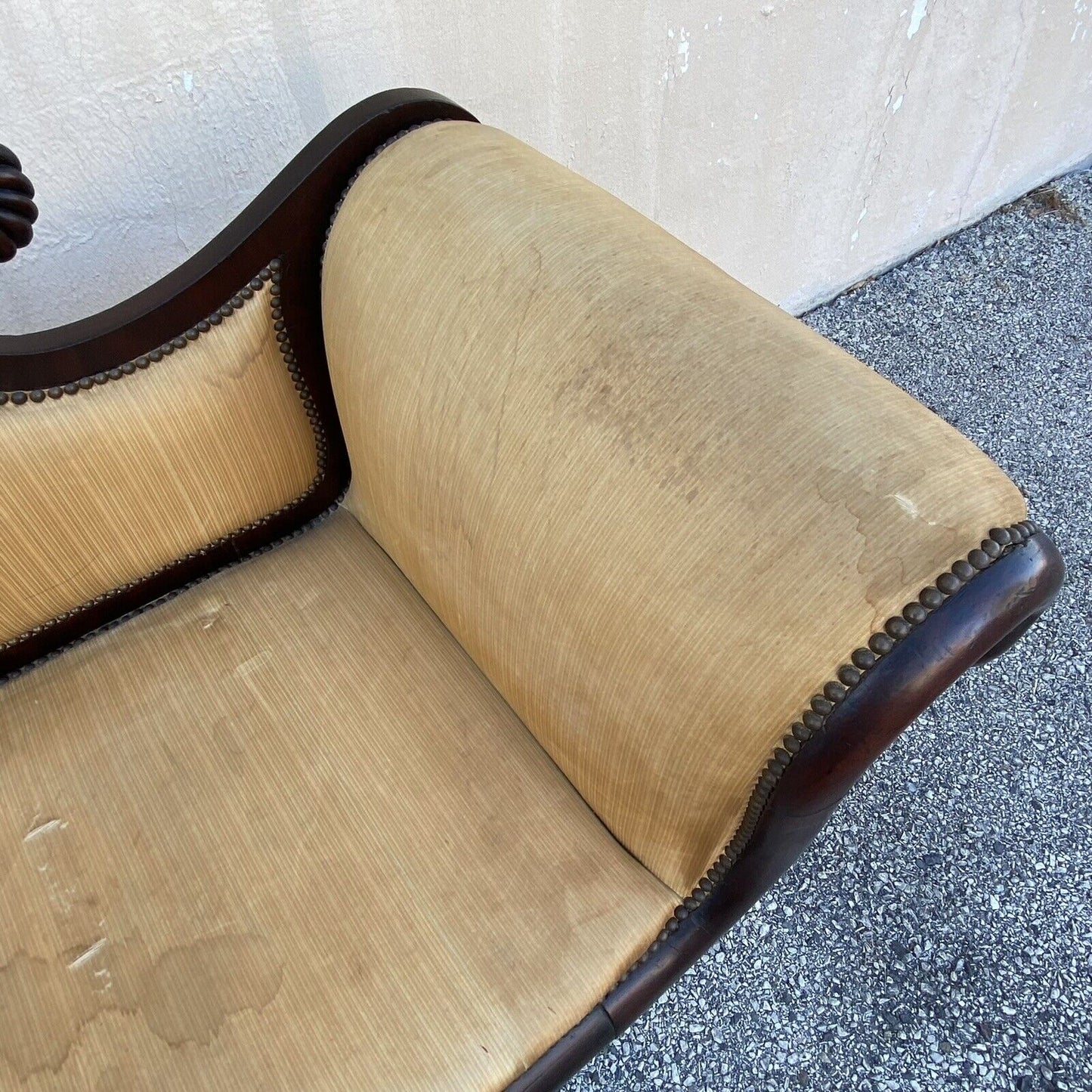 Antique American Empire Classical Carved Mahogany Paw Foot Rolled Arm Sofa