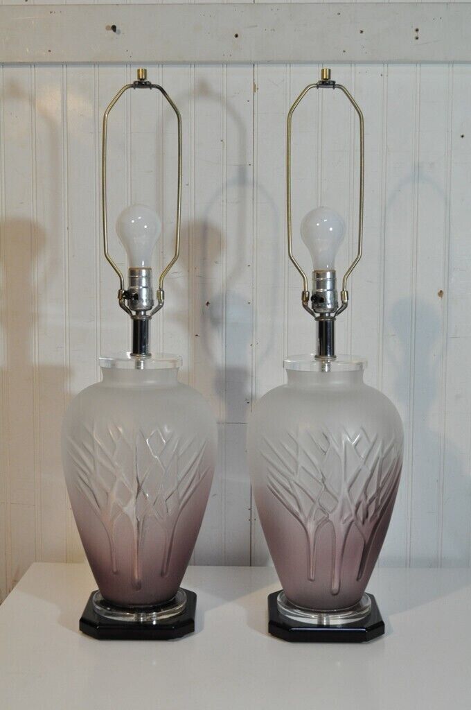 Vintage Mid Century Modern Frosted Purple Glass & Lucite Table Lamps - a Pair