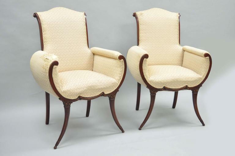 Vintage Hollywood Regency French Style Mahogany Saber Leg Lounge Chairs - a Pair