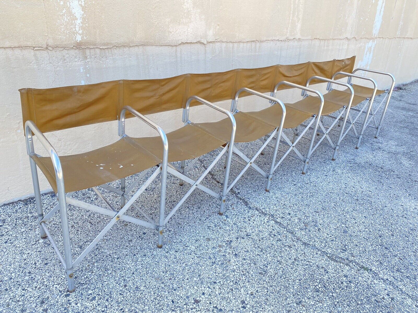 Vintage Crown Mfg 7 Seat Aluminum Canvas Folding Chair Camping Sports Team Bench