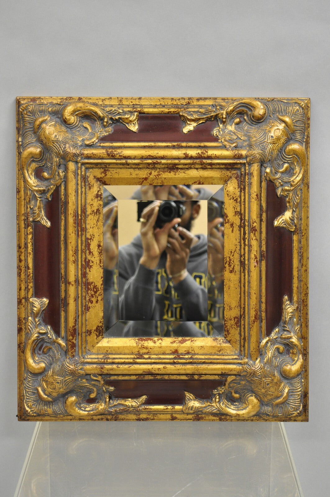 Decorator Repro 21x18 French Baroque Style Deep Red Gold Gesso Wall Mirror