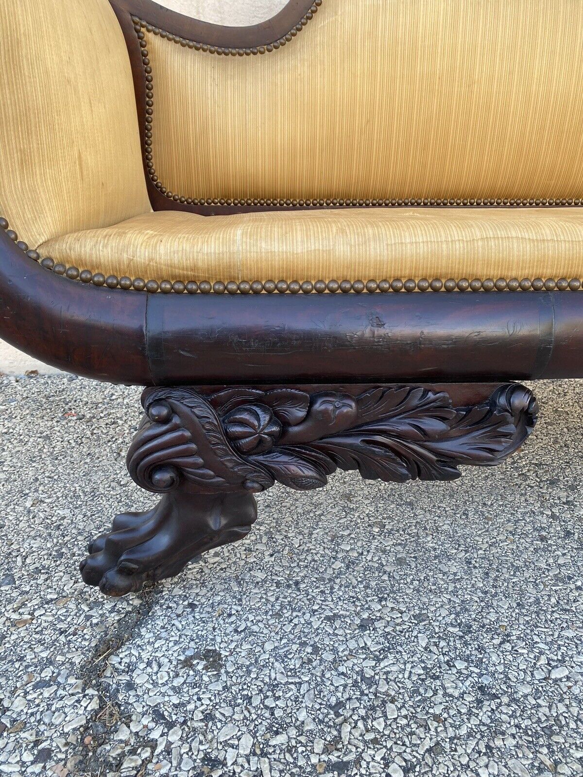 Antique American Empire Classical Carved Mahogany Paw Foot Rolled Arm Sofa