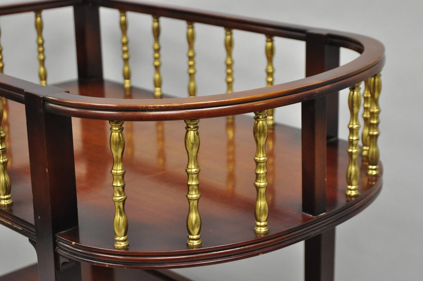 Vintage French Regency Mahogany 2 Tier Brass Gallery Rolling Bar Cart Server