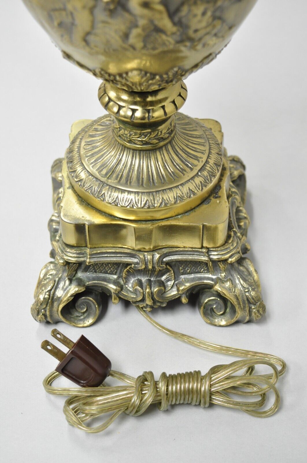 Vintage French Louis XV Renaissance Brass Figural Dancing Cherubs Urn Table Lamp
