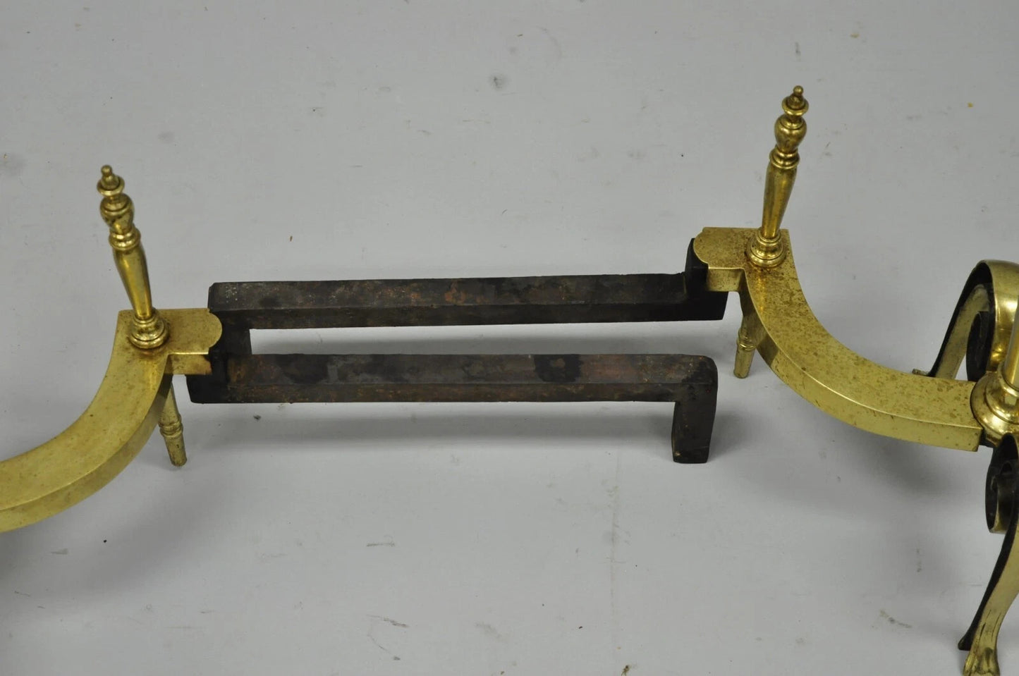 Antique French Art Nouveau Style Brass Urn Finial Fireplace Andirons - a Pair