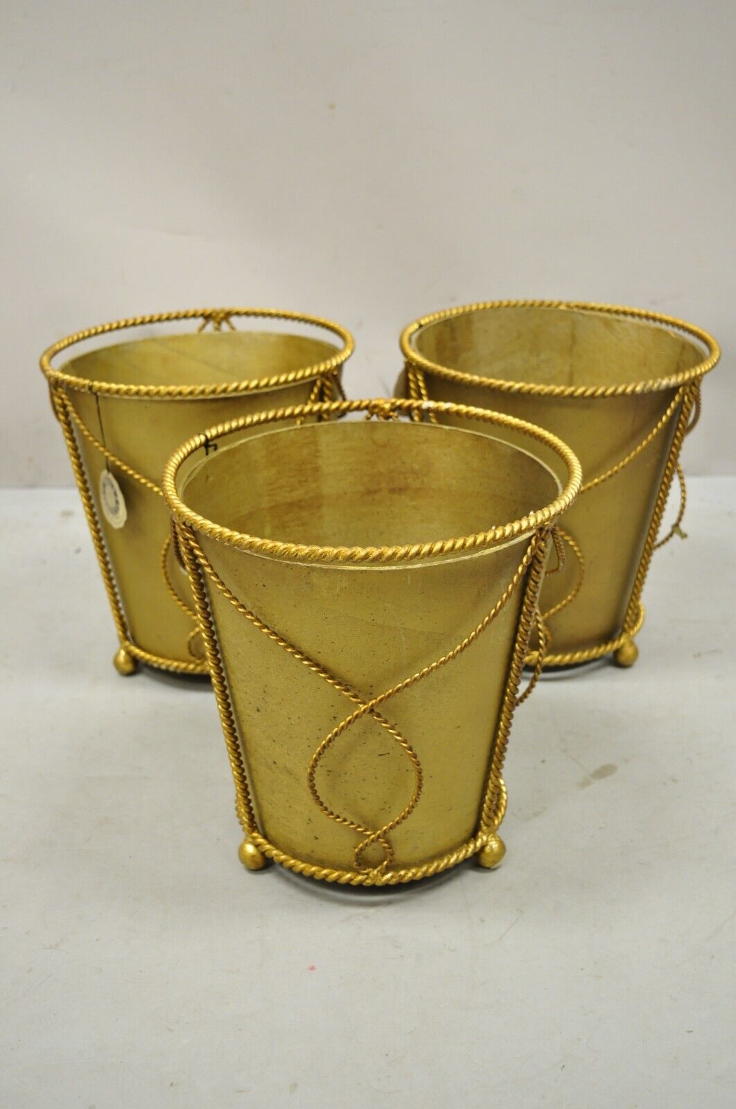 NOS Italian Gold Gilt Iron Hollywood Regency Wastebasket Trashcan with Liner