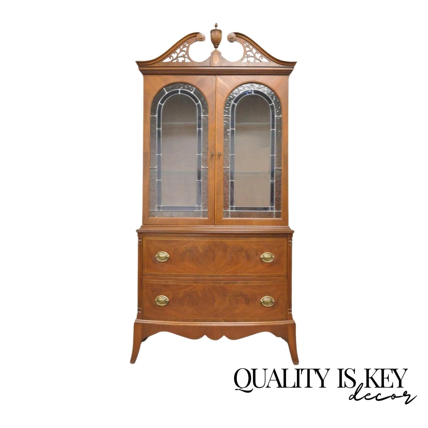 Antique Federal Style Mahogany China Display Cabinet with Stained Glass Doors