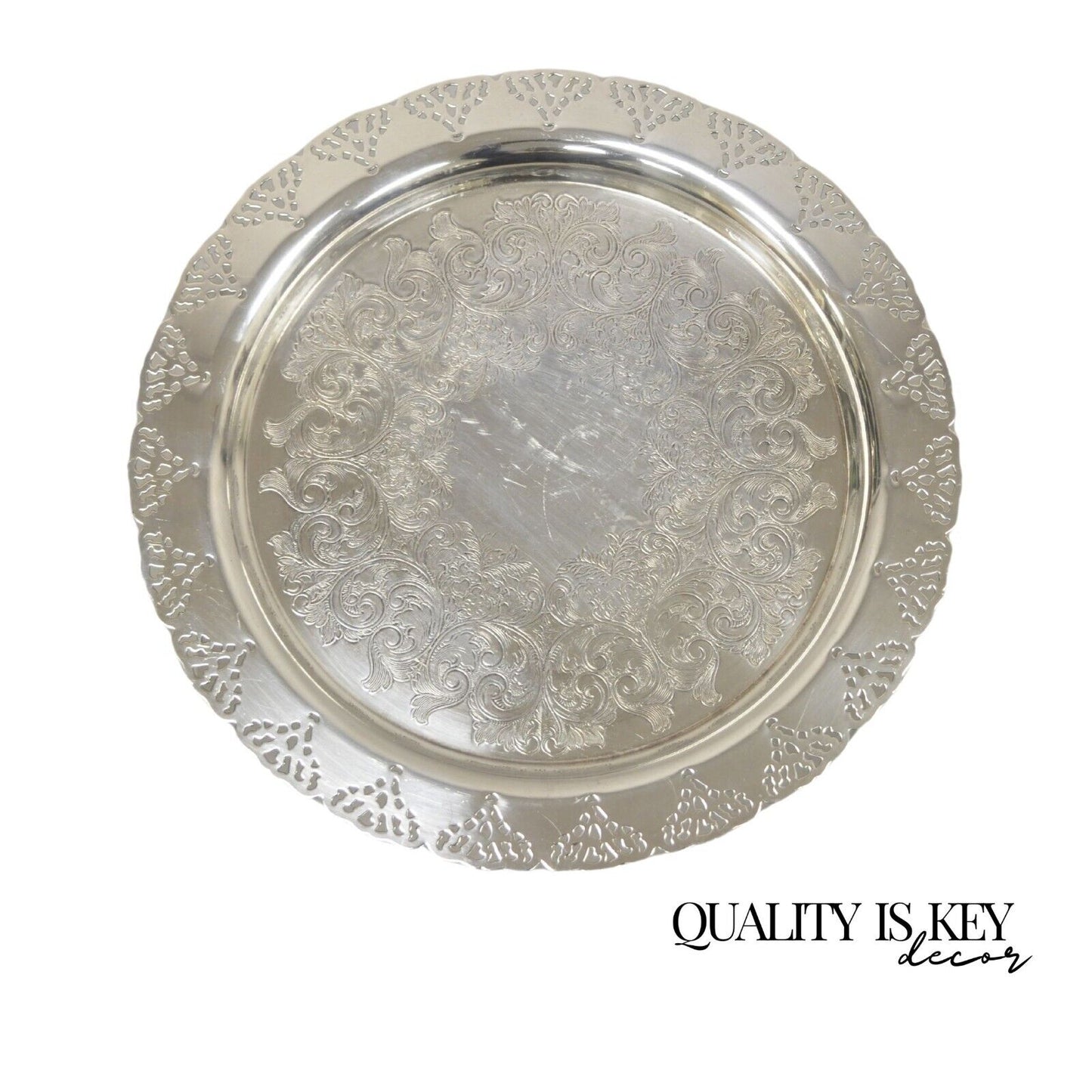 Vintage Home Decorators Inc Silver Plated Pierced Gallery Round Serving Tray