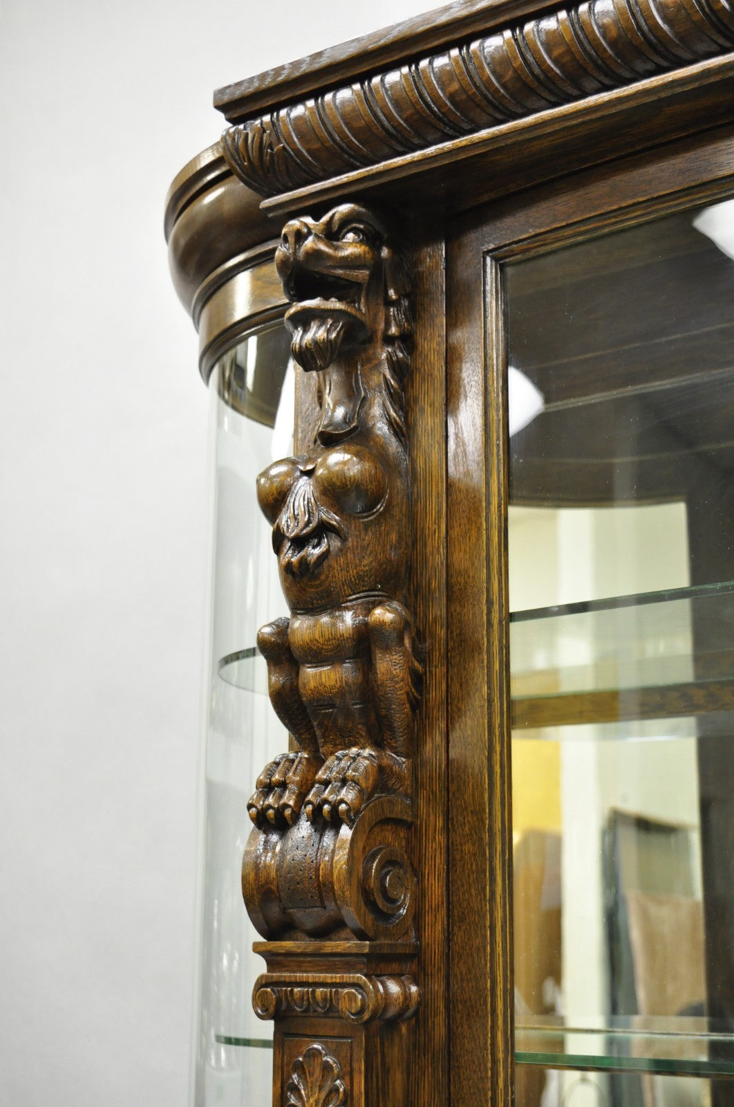 Antique American Empire Tiger Oak Curved Glass China Cabinet w/ Carved Griffins