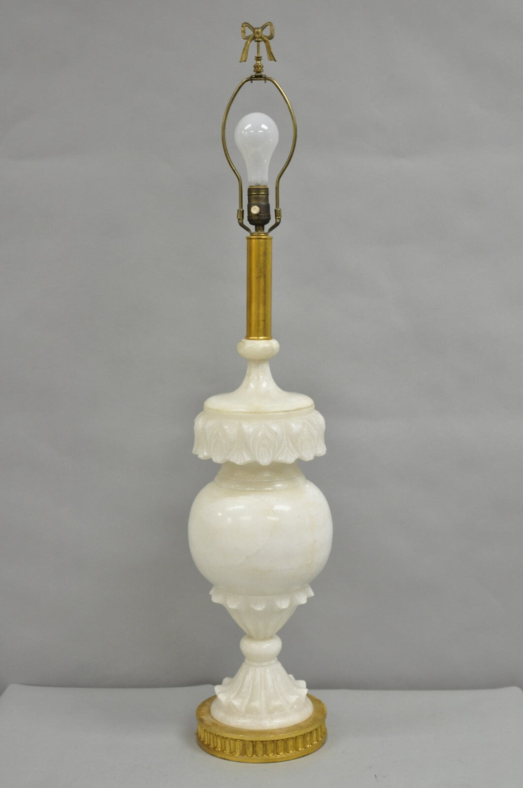 Antique Neoclassical Large Carved Solid Alabaster Marble Leaf Bulbous Table Lamp