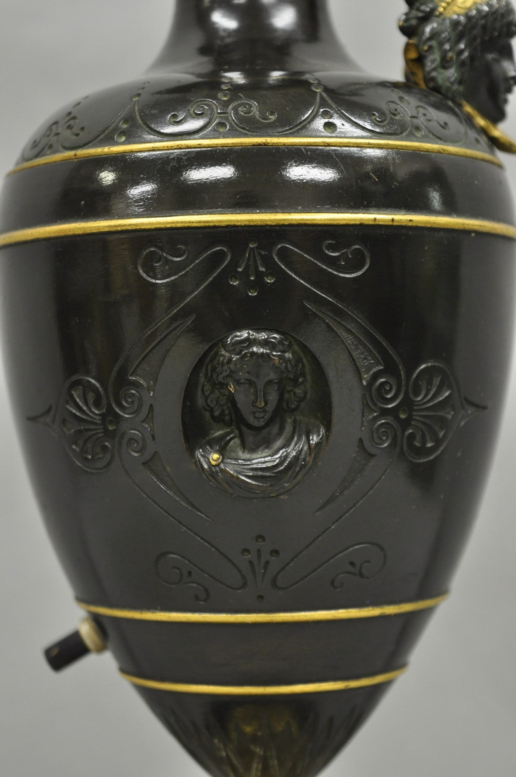 Antique French Neoclassical Patinated & Gilt Bronze Figural Ewer Urn Table Lamp