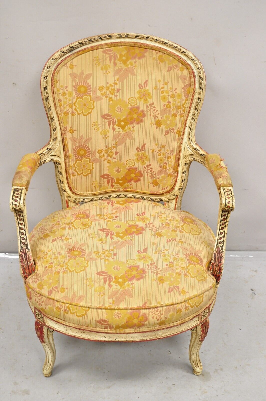 Vintage French Louis XV Style Cream and Red Painted Low Boudoir Fauteuil Chair