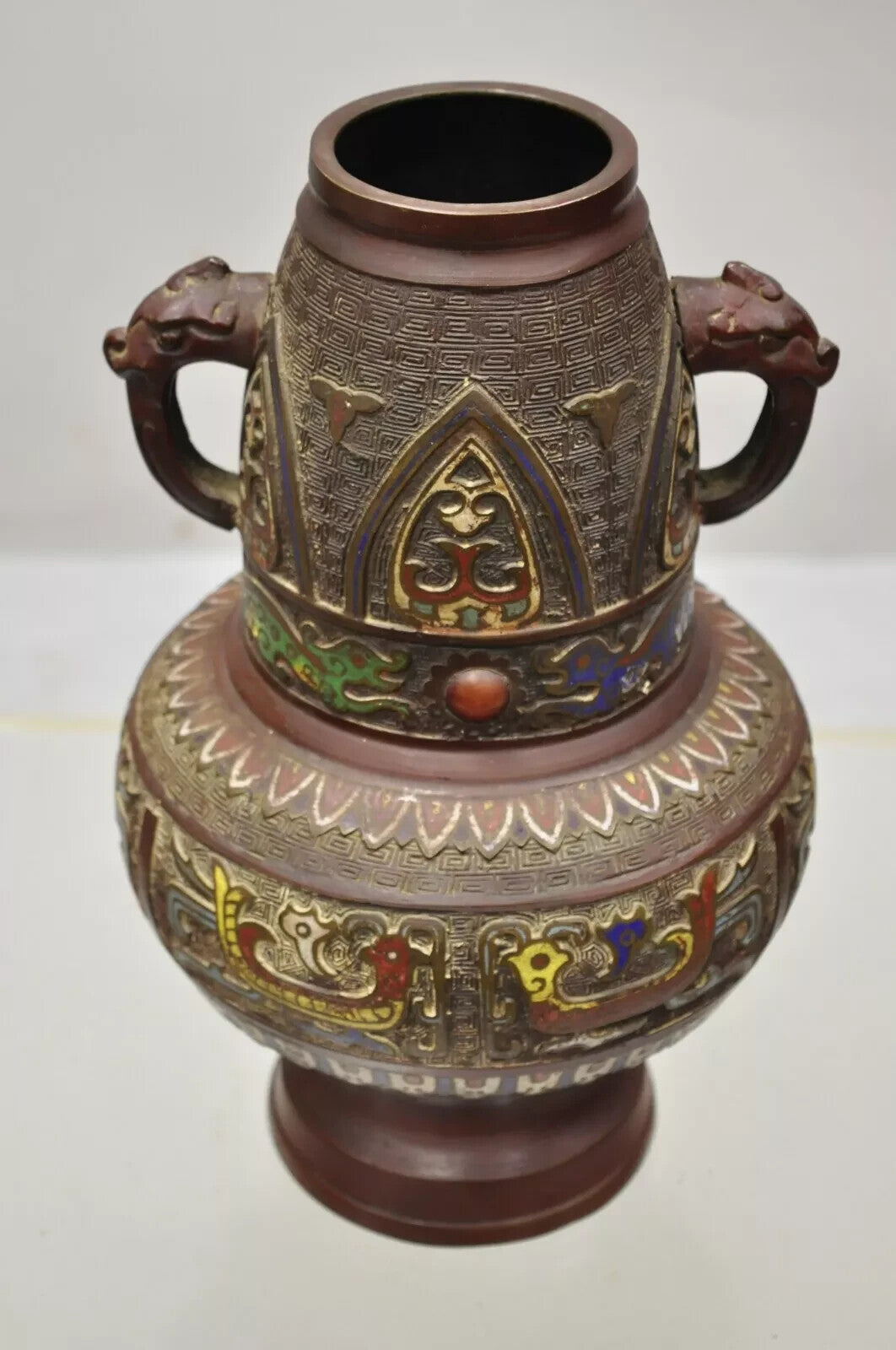 Antique Japanese Champleve Cloisonne Enamel Bronze Twin Handle 12" Vessel Vase