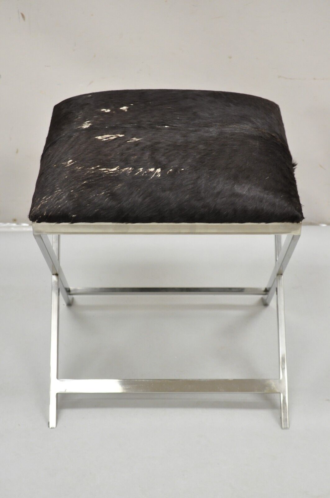 Modern Chrome Frame X-Frame Metal Stool with Cowhide Upholstery