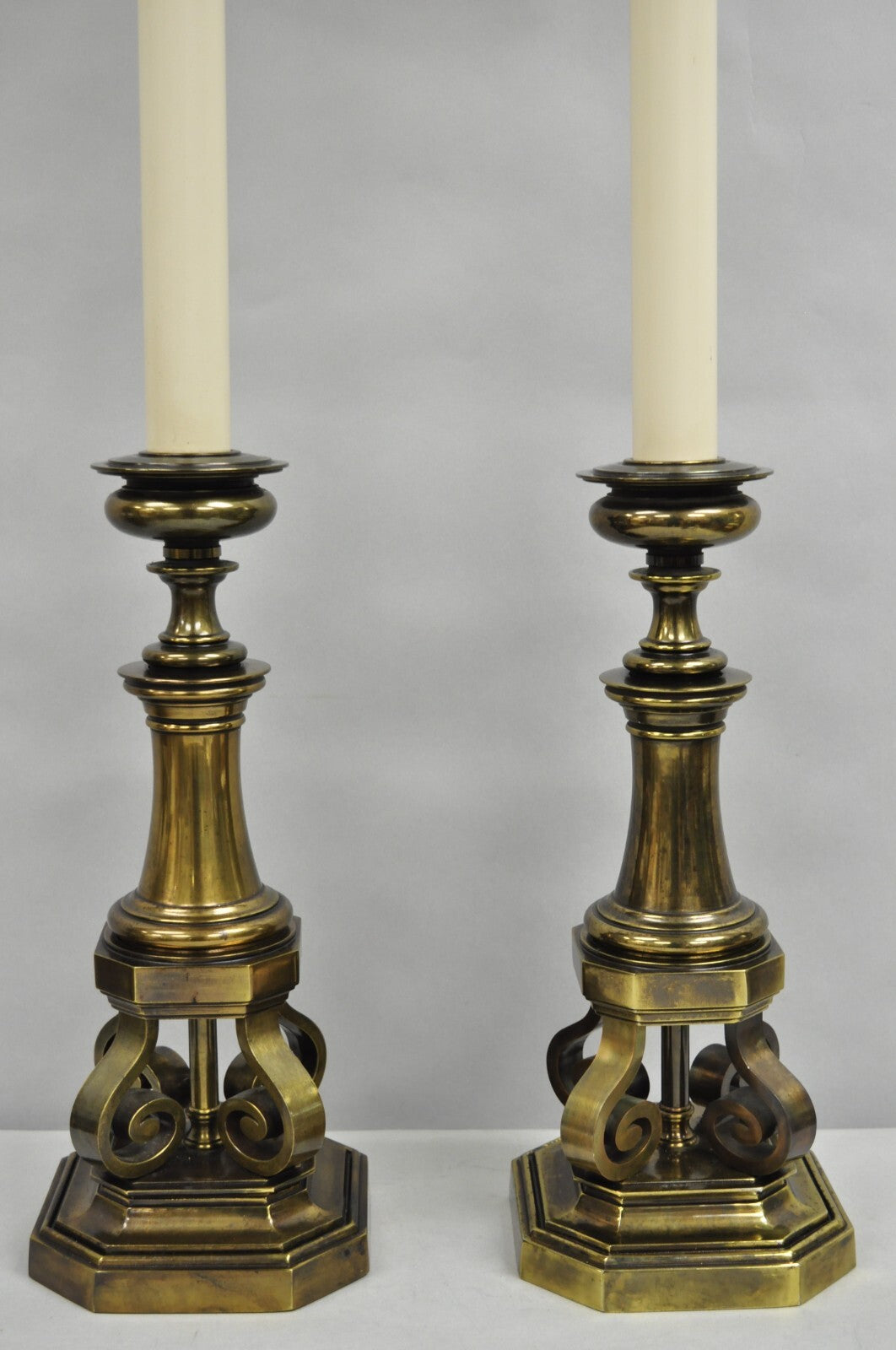 Vintage Hollywood Regency Burnished Brass Tall Candlestick Table Lamps - a Pair