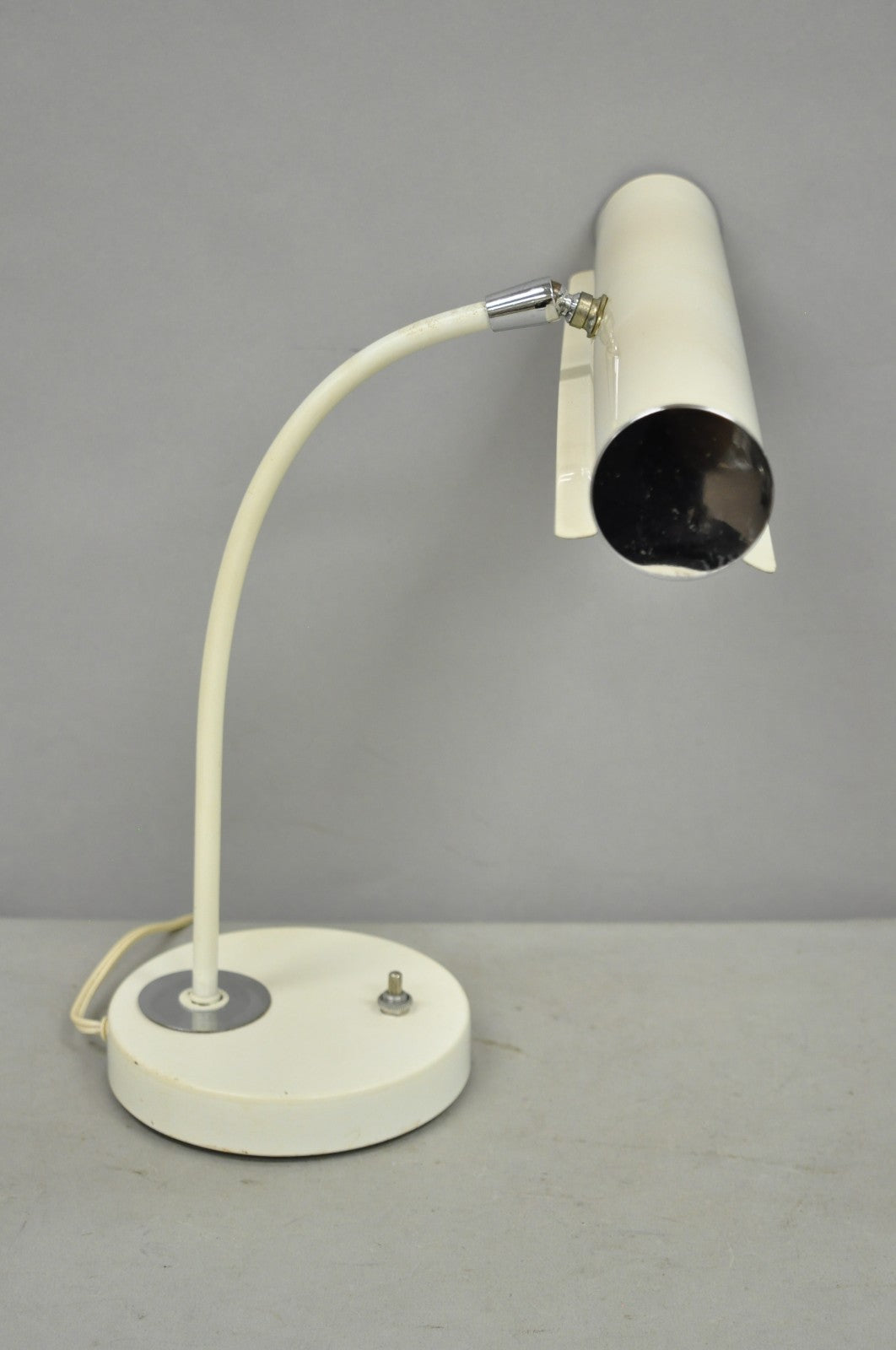 Vintage Mid Century Modern White Enamel Metal Arch Desk Lamp w/ Chrome Accents
