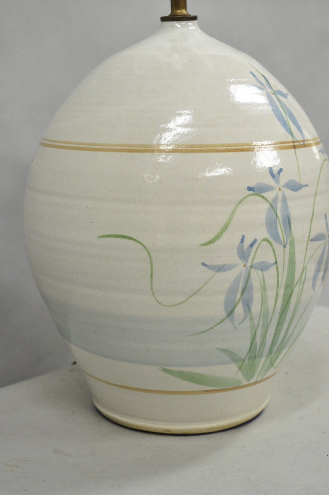 Vintage French Country Large Blue Flower Stoneware Pottery Vase Table Lamp