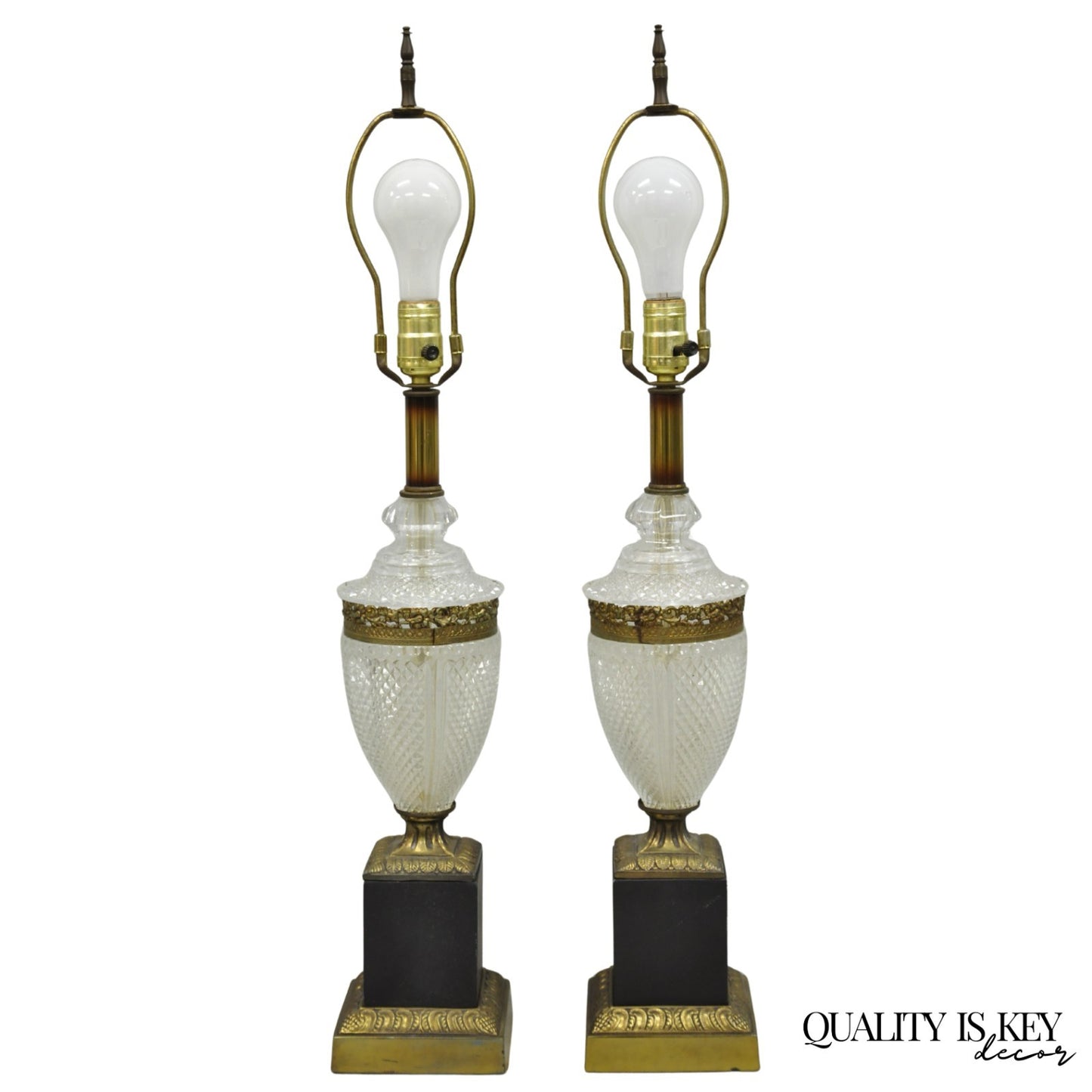 Vintage French Empire Hollywood Regency Cut Glass Crystal Urn Table Lamps - Pair