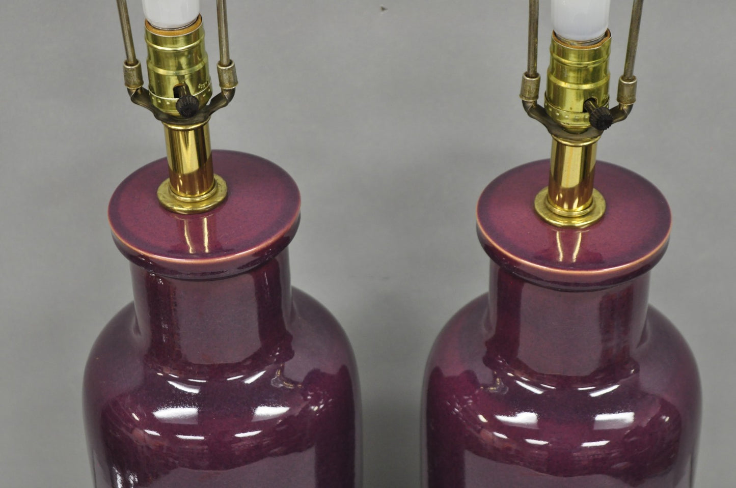 Vintage Chinoiserie Plum Purple Ceramic Porcelain Jardiniere Table Lamps - Pair