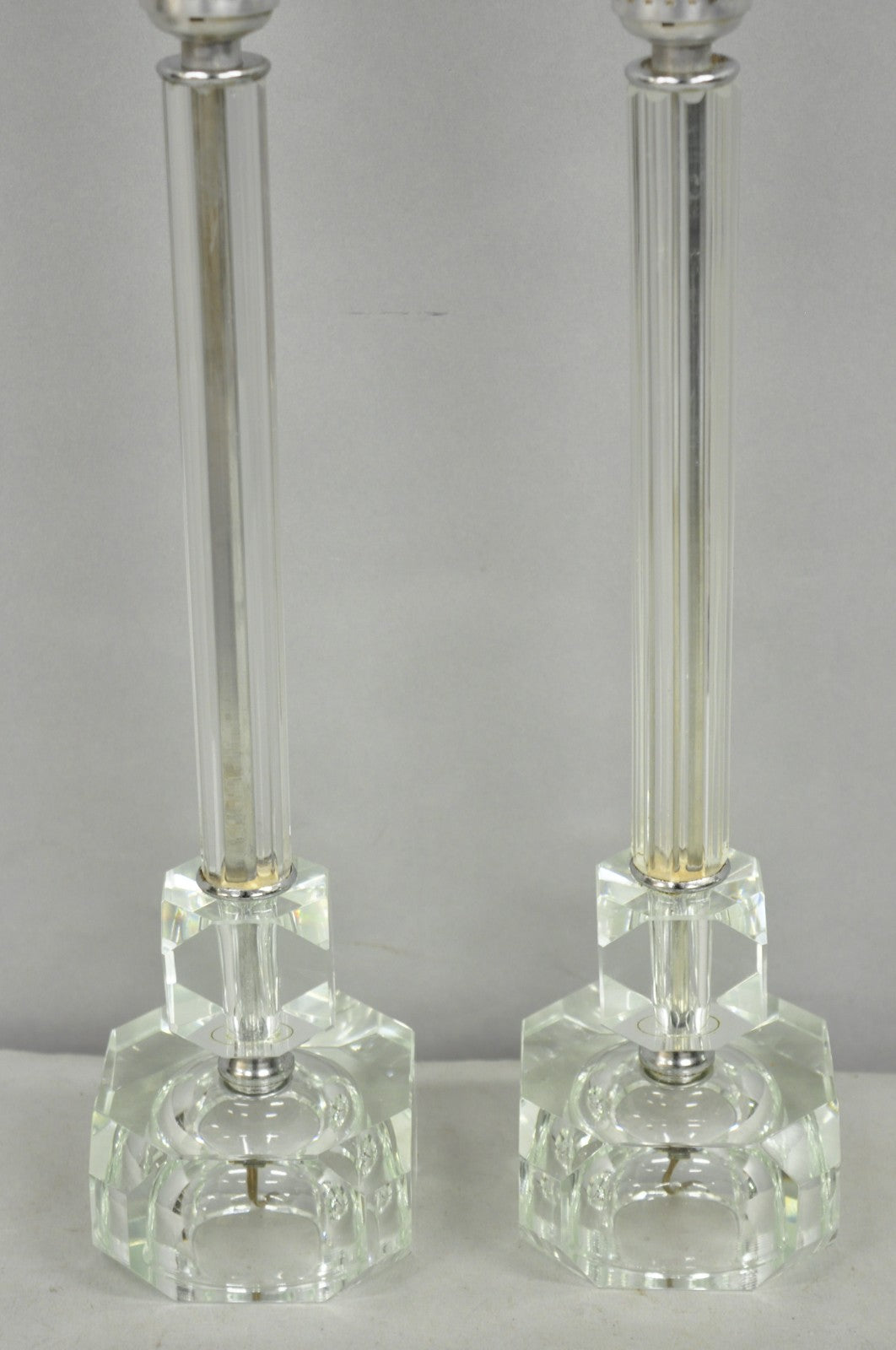 Vintage Art Deco Glass Column Candlestick Small Boudoir Vanity Bedroom Lamp Pair
