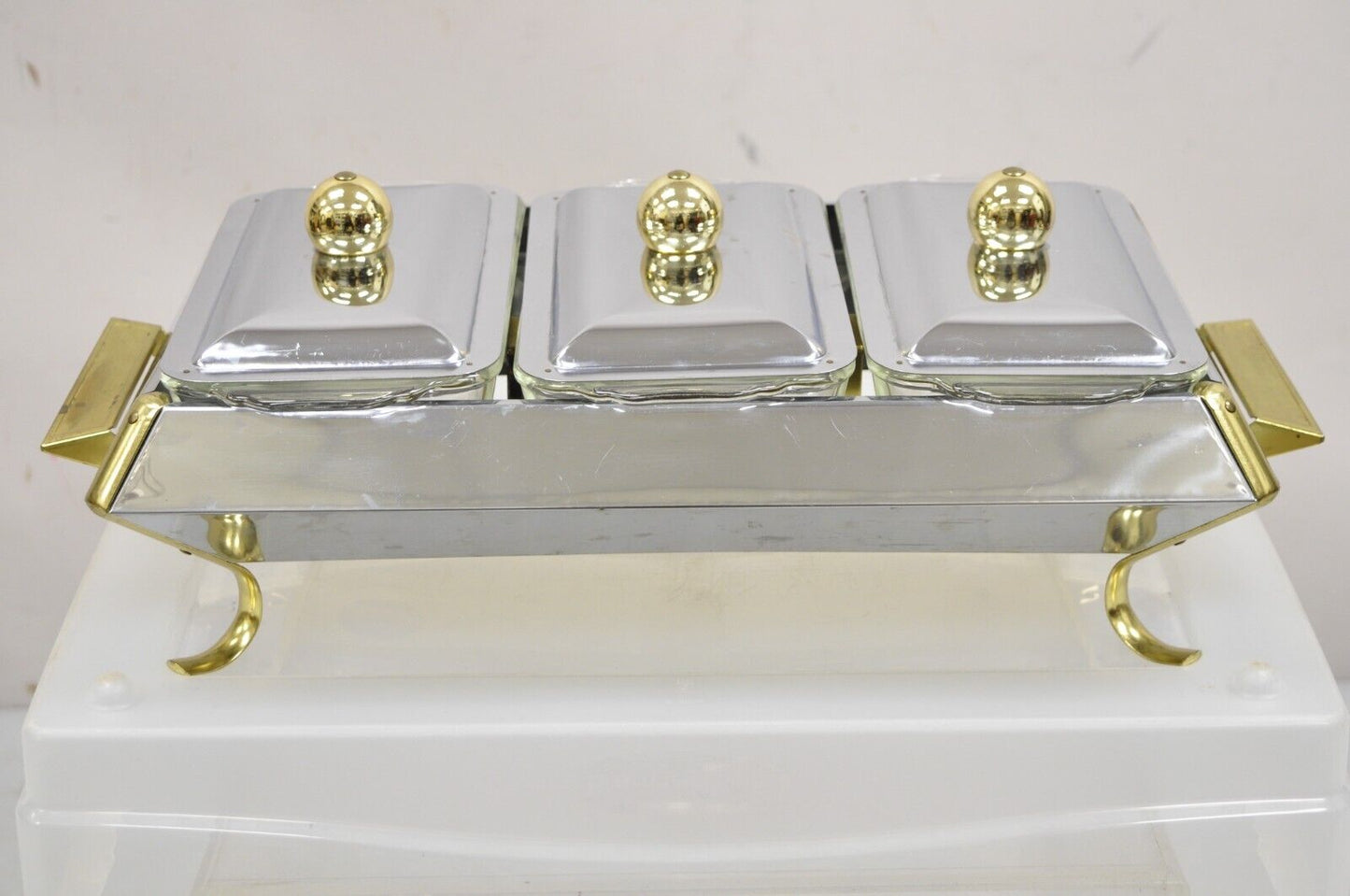 Vintage Anchor Hocking Art Deco Modern 3 Section Buffet Warmer Chafing Dish