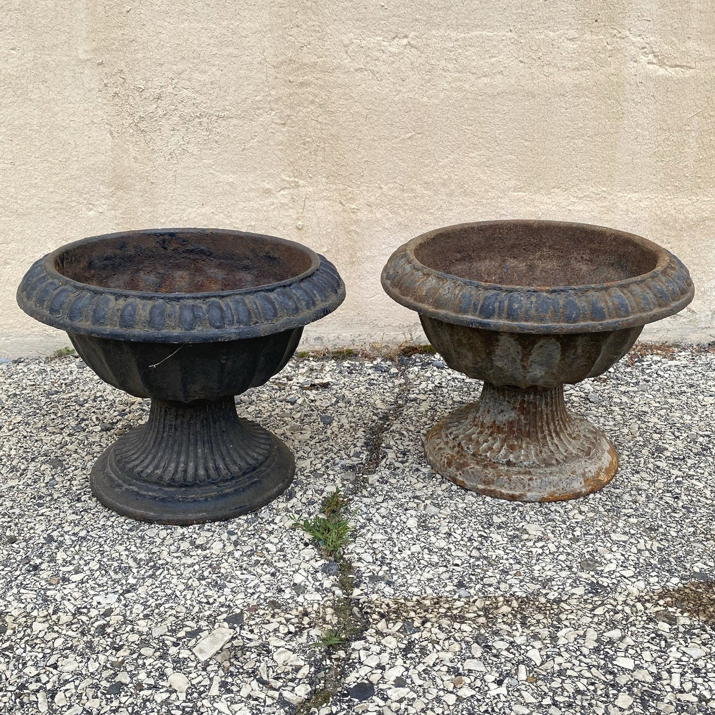 Antique French Empire Style Small 12" Cast Iron Urn Garden Planter Pots - Pair