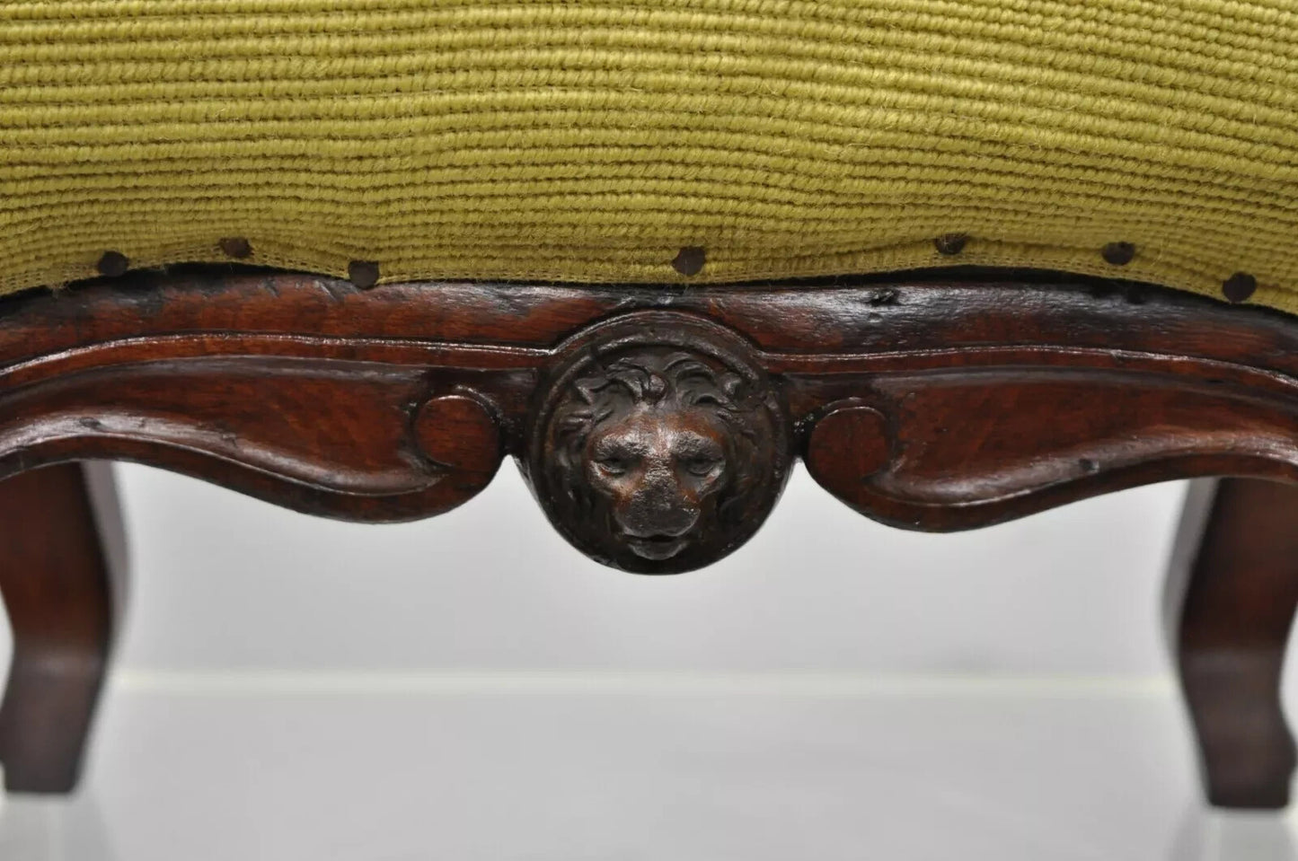 Antique Victorian Walnut Figural Lion Female Face Needlepoint Footstool Ottoman