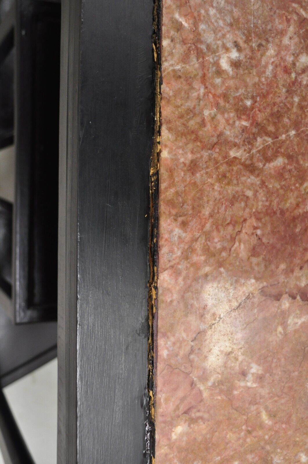 Vintage Chinese Chinoiserie Black Demilune Pink Marble Console Table - a Pair