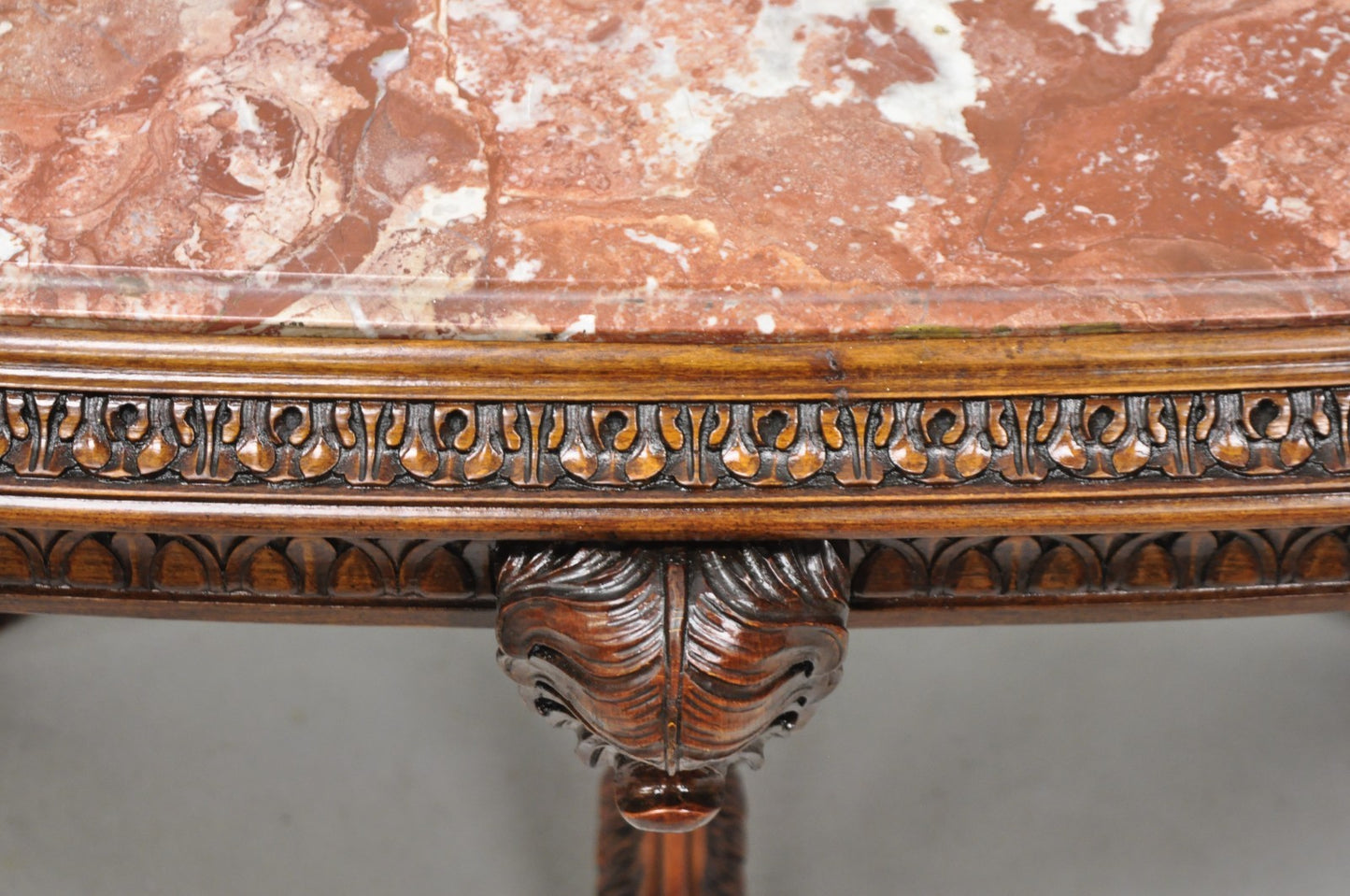 Antique Grosfeld House French Regency Plume Carved Mahogany Marble Coffee Table