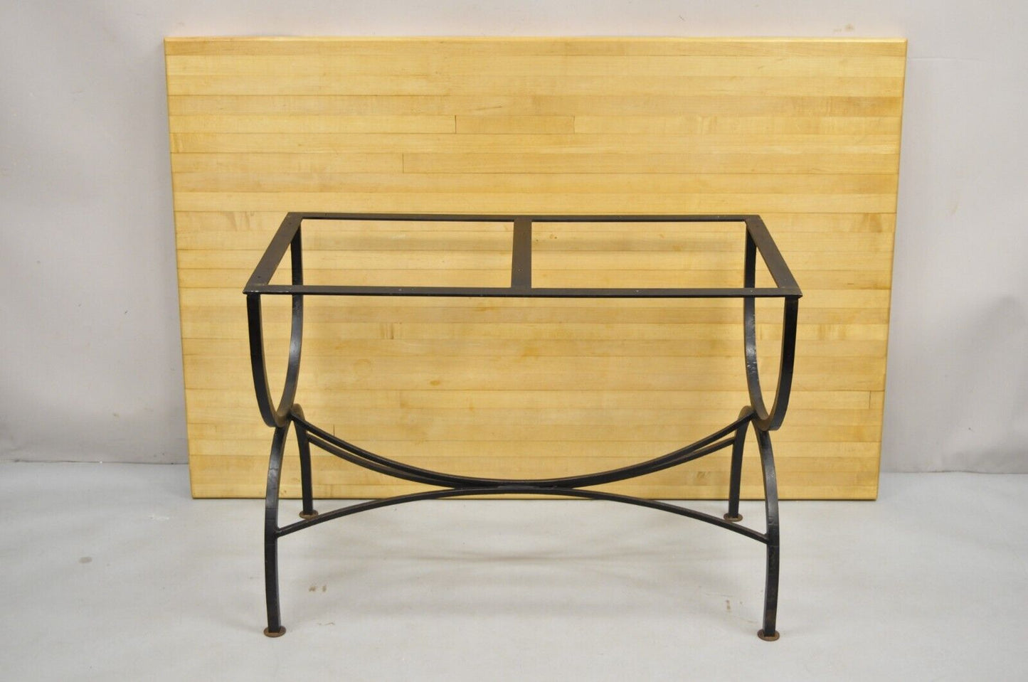 Vintage Regency Farmhouse Iron Curule Base Butcher Block Wood Top Dining Table