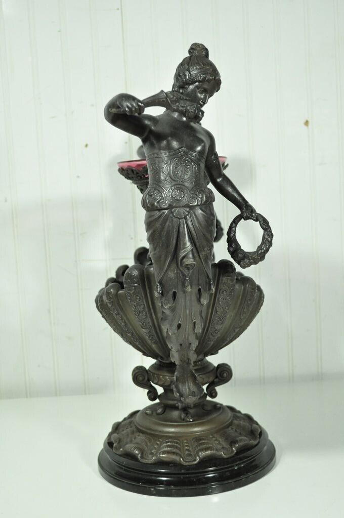 Antique Victorian Spelter & Marble Figural Mermaid Centerpiece Bowl Vase Epergne