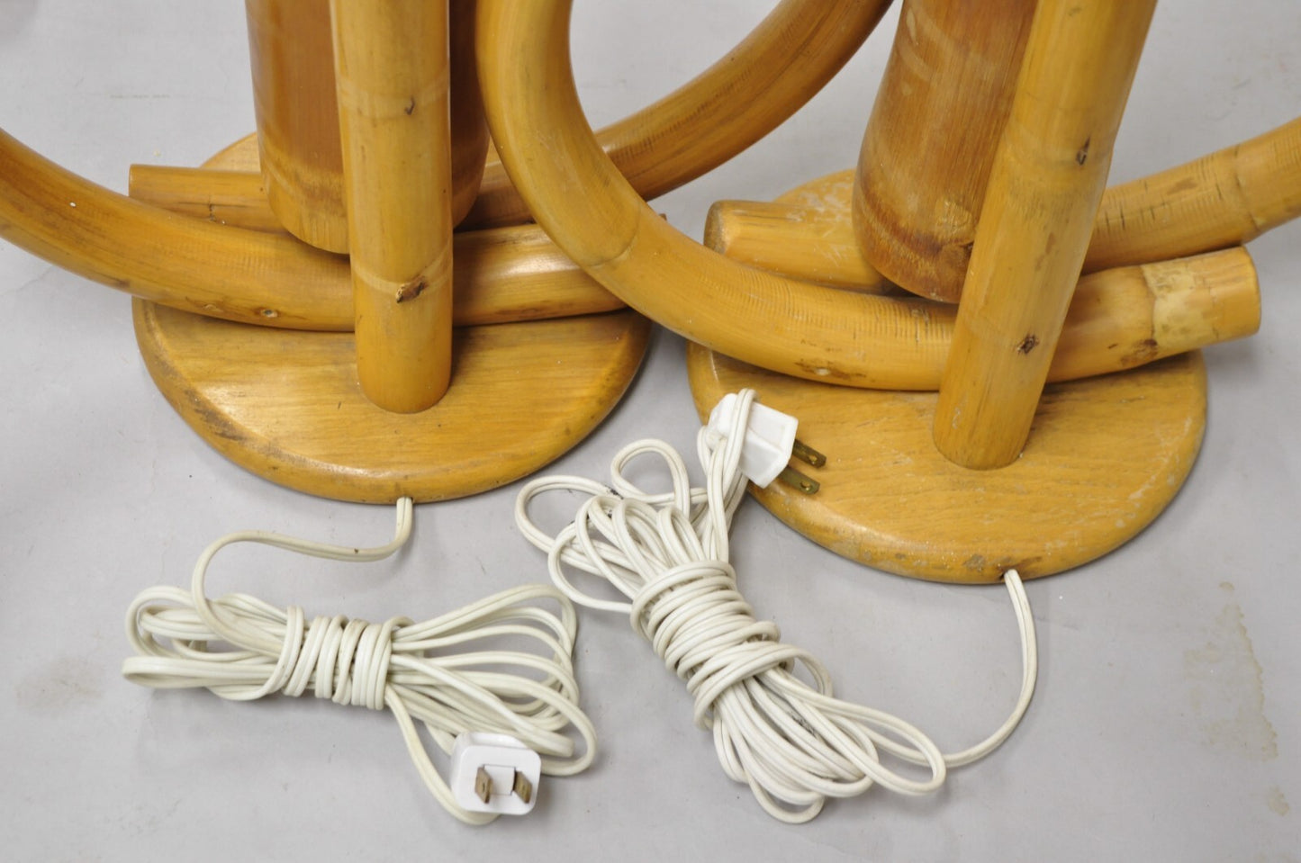 Vinatge Mid Century Modern Bentwood Bamboo Tiki Rattan Hoop Table Lamps - a Pair